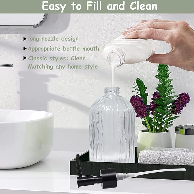 Clear Glass Soap Dispenser with Pump, 2 Pack 13.5oz Bathroom Soap Dispenser with Vertical Stripe for Hand Wash and Dish Wash, Elegant Refillable Hand Dispenser for Dishwashing Liquid, Lotion