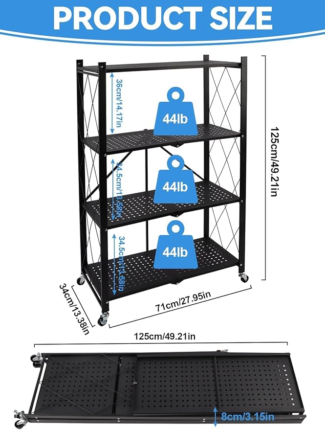 Lanstics 4 Tier Foldable Folding Shelves Heavy Duty Storage Shelving with Wheels Metal Shelf Standing Shelves Units for Home Kitchen Living Room Black