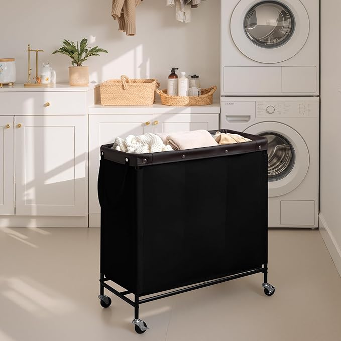 StorageWorks 3 Section Laundry Hamper, Rolling Laundry Cart with Wheels and Handles, Laundry Room Double Sorter for Organizer and Storage, 31.7 Gal(120L), Black