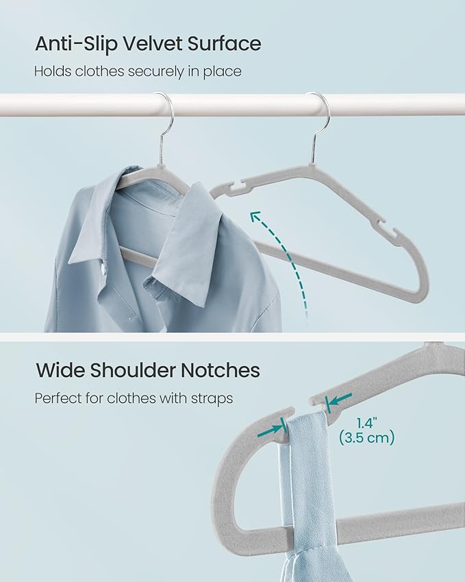 SONGMICS Kids Hangers 50 Pack, 14 x 8 Inches, Non-Slip Velvet Baby Hangers for Closet, Space-Saving, Wide Shoulder Notches, Dove Gray UCRF038G01