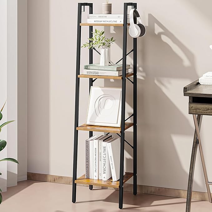 Ladder Shelf, Bookshelf Bookcase, Freestanding Corner Storage Shelve with 2 Hooks for Home Office, Living Room, Kitchen, Bedroom, Industrial, 11.8"D x 13.4"W x 47.2"H, Rustic Brown BC13201B