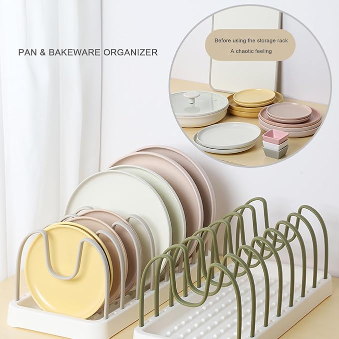Pot and Pan Organizer, 8 Adjustable Compartment Pan Lid Organizer for Cabinet Drawer for Pot Lid Holder Bakeware Cutting Boards Cookware Dishes (Nordic Green)