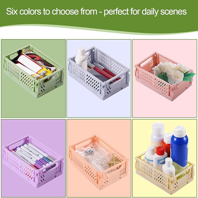 6-Pack Small Pastel Plastic Storage Baskets, Collapsible Crates for Organizing, Space-Saving Mini Bins for Classroom, Kitchen, Office, Bedroom (5.9" x 3.8" x 2.2")