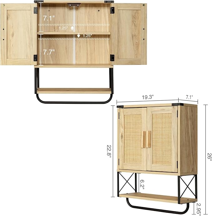 RUSTOWN Farmhouse Medicine Cabinet with 2 Barn Door, Boho Wood Wall Mounted Storage Cabinet with Adjustable Shelf and Towel Bar, 3-Tier Bathroom Cabinet for Bathroom(Rattan,Medium)