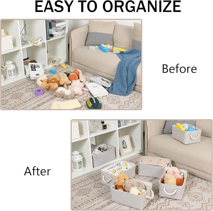 Bidtakay Small Storage Baskets for Shelves Set of 6 Biege Fabric Storage Bins for Organizing Linen Collapsible Organizer for Closet Nursery Clothes Toys 11.8 X 7.8 X 5 Inches