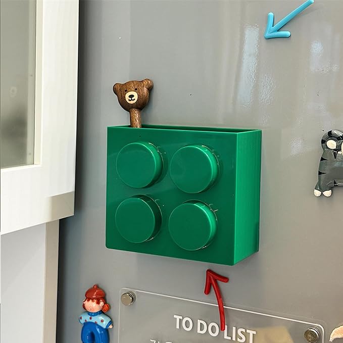 Magnetic Basket Organizer for Fridge - Lego-Style ABS Plastic Storage Box,No Drill Design for Kitchen Counter, Microwave & Whiteboard, Holds Up to 3.5 lbs (Green)
