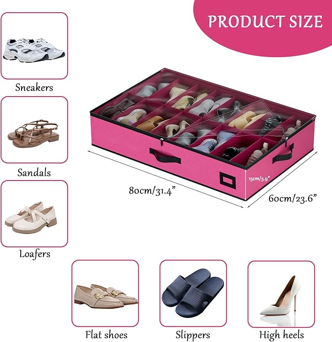 homyfort Under Bed Shoe Storage Organizer, 600D Material Underbed Shoes Storage Containers, set of 2, fits up to 32 Pairs of Shoes (Pink)