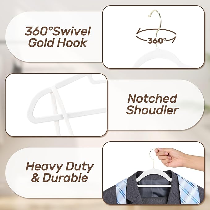 Velvet Hangers 30 Pack with Gold Hooks, Non-Slip Slim Felt Hanger for Clothes, Heavy Duty Space Saving Flocked Hangers for Dresses, Suits, Coats & Pants(White)