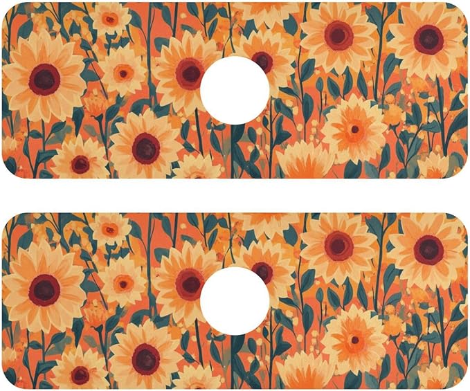Kitchen Sink Splash Guard 2 PCS 14.7 Inch Sink Faucet Mat Splash Guard for Bathroom Countertop Water Absorbent Foldable Cuttable Soft Washable Orange Sunflowers and Poppy Flowers