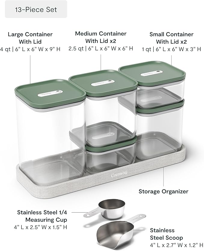 Caraway 13-Piece Glass Airtight Food Storage Containers with Lids – Non-Toxic, BPA-Free Kitchen Storage Containers – Stackable, Space-Saving Airtight Containers for Dry Goods and More - Sage