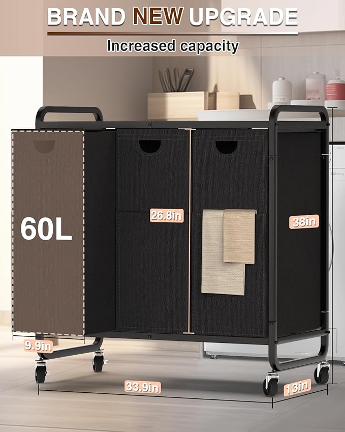 Laundry Sorter 3 Section,Laundry Basket with Wheels,3×15.8 Gal (60L) Laundry Hamper Organizer with Large Wooden Desktop Sorter,Pull-Out and Removable Laundry Bags (Black, 3 Bags - 180L)