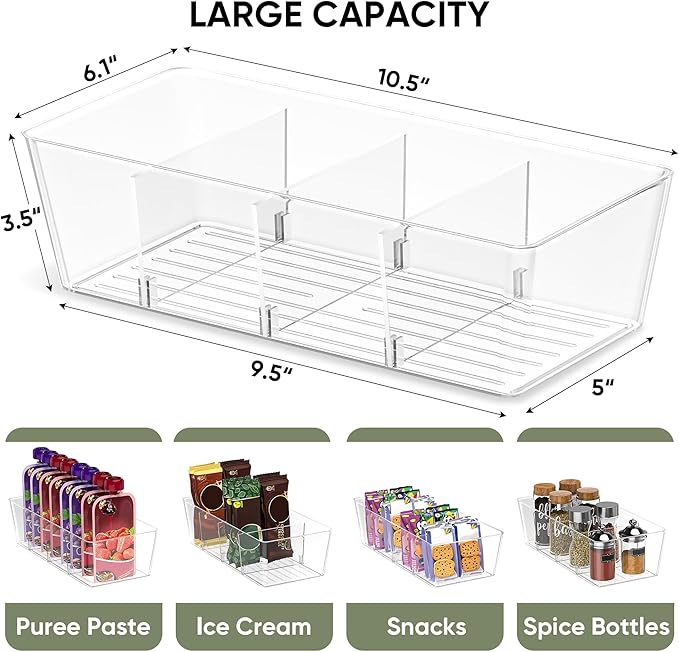 BALEINE Clear Plastic Storage Bins with 3 Removable Dividers, Pantry Organization, BPA Free Stackable Refrigerator Organizers and Storage for Kitchen Fridge Cabinet Bathroom (10.5x6.1x3.5, 6PK)