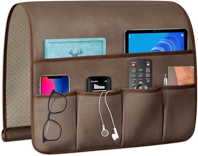 WETRBWEH TV Remote Control Holder Couch Caddy, Non-slip Bedside Caddy Organizer with 5 Pockets for Key Glasses Phone Magazine Holders (Brown, 35''x18'')
