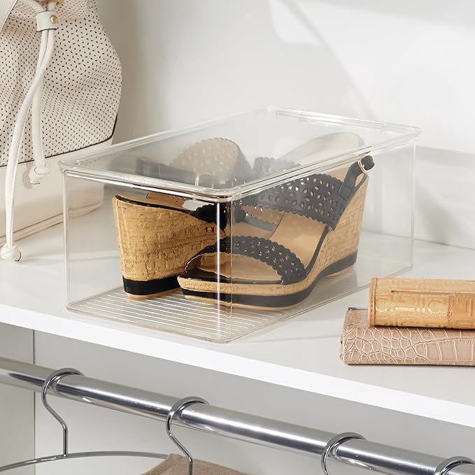 iDesign Stackable Shoe Box with Hinged-Lid for Wedges or Sandals, Set of 2, Clear, Made in USA