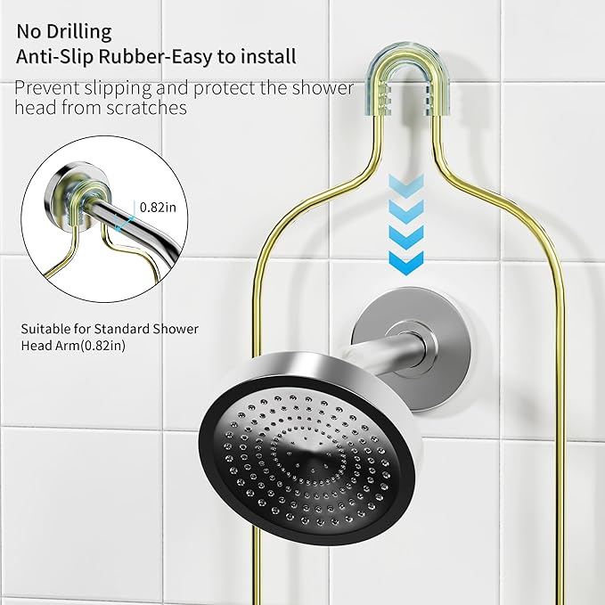 Golden Stainless Steel Shower Caddy Hanging with 2-Tier Baskets, Soap Holder & Razor Holder - Non-Slip Rubber Pads for 0.82" Shower Heads, Enhanced Stability & Elegant V-Smile Design