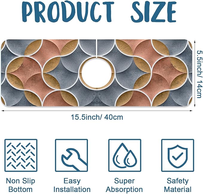 Geometric Printing Sink Faucet Absorbing Mat Ceramic Tile Texture Super Absorbent Fast Drying Mat Sink Gadgets Behind Faucet Sinkmat for Kitchen Bathroom, 15.5"x5.5"