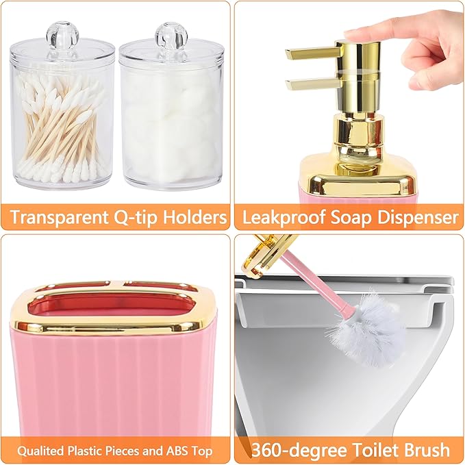 Bathroom Accessory Set,9 Pieces Pink Bathroom Accessories Set with Trash Can, Toothbrush Holder, Soap Dispenser, Toothbrush Cup, Vanity Tray, Soap Dish, Toilet Brush, Qtip Holder