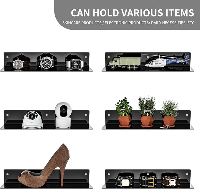 16 Inches Black Acrylic Wall Shelves 2 Pack, L Shape Floating Shelf, Acrylic Corner Shelf for Model Car, Candle, Calendar, Towel, Toiletries, Moisture-Proof, 4'' Depth