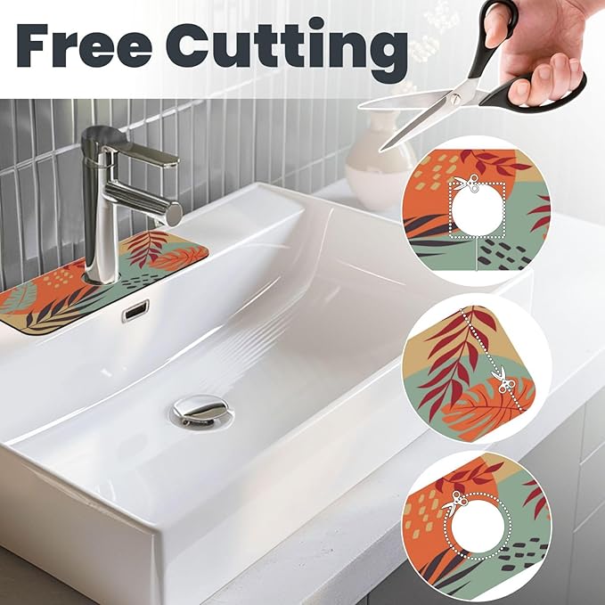 Boho Bohemian Abstract Floral Leaves Kitchen Sink Splash Guard Faucet Mat Super Absorbent Fast Drying Mat Sink Gadgets-Fast Drying Pad Sink Mat For Kitchen Bathroom (15" X 5.5" )