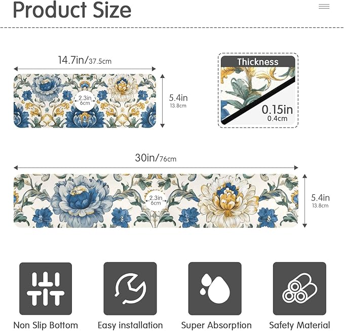 Kitchen Sink Splash Guard 1 PC 14.7 Inch Sink Faucet Mat Splash Guard for Bathroom Countertop Water Absorbent Foldable Cuttable Soft Washable Royal Floral Blue and Yellow Tile