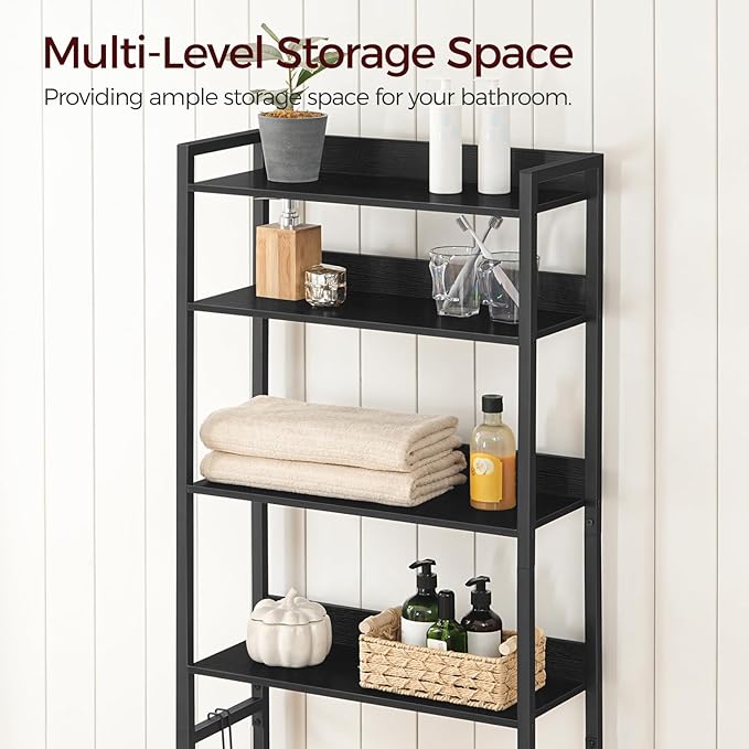 Over The Toilet Storage Rack, 4 Tier Bathroom Organizer Over Toilet, Freestanding Space Saver Toilet Stand with 2 Hooks, Bathroom Storage Shelf, Easy to Assemble, Black TSHB0401
