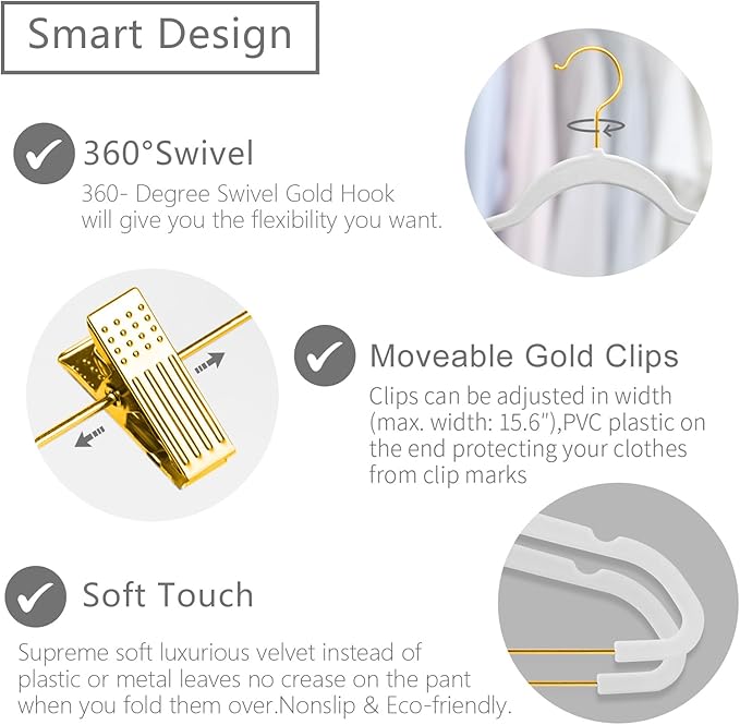 MIZGI Premium Velvet Pants Hangers with Adjustable Clips (Pack of 20) Slim Skirt Hangers- Non Slip Felt Outfit Dress Hangers White - Gold Hooks,Space Saving Shirt Clothes Hangers