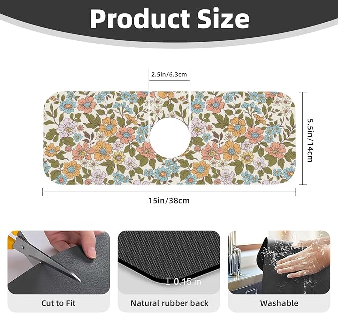 Faucet Draining Mat For Kitchen Sink, Colorful Flowers Floral Diatom Mud Absorbent Drain Pad For Bathroom Kitchen Sink Splash Guard Drying Mat