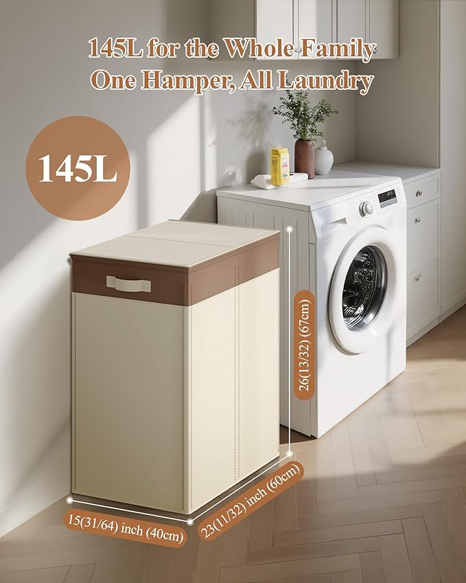 YECAYE 145L Double Laundry Hamper with Lid for Home, Dual Compartments hamper with Removable Bags, 2 Section Foldable Cloths Basket with lid, Double Cloths Basket with Color-Block Design