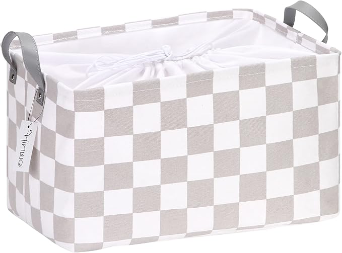 Hinwo Large Canvas Fabric Storage Basket with Handles, 33L/8.6-Gal Rectangle Bin, Collapsible Storage Box, Clothes, Toys, Blankets Organizer, 16.5 x 12 x 10 Inches (L, Grey Checkerboard)