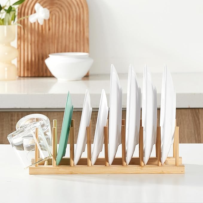 Bamboo Wooden Dish Rack-Plate Pot Lid Cutting Board Organizer Holder Rack for Cabinet-Kitchen Cabinet Organizer for Dish, Pots, Lids, Bowls, Bottles, Books, and Puzzle