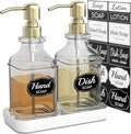 Soap Dispenser - 2 Pack, Antique Design Thick Glass Hand Soap Dispensers with Sturdy Tray; 304 Rust Proof Stainless Steel Pump, 12Pcs Stickers, for Kitchen, Bathroom
