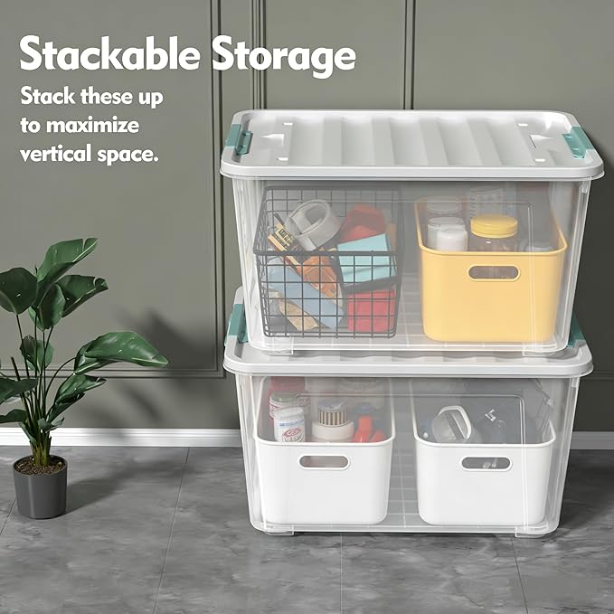 Tyminin 4-Pack 85 Quart Plastic Storage Bin, Stackable and Nestable Storage Boxes with White Lids and Secure Latching Buckles, Large Storage Container