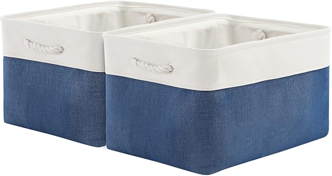 Sacyic Organization and Storage Bins for Shelves - 2 Pack 17X15X12 inch Canvas Storage Cubes Collapsible Baskets for Organizing with Handles, Storage Box for Cloth Decorative (White & Blue)
