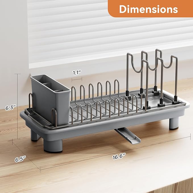 Small Dish Drying Rack, Compact Dish Drainer for Kitchen Counter, with Adjustable Back Slots, Space-Saving for Small Kitchens, Gray