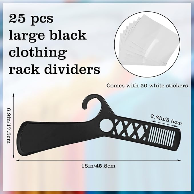DoubleFill 25 Pcs Large Closet Dividers and 50 Pcs White Blank Cards 18 Inch Clothing Rack Size Dividers for Hanging Clothes, Black Garment Rack Tag for Clothes Organization