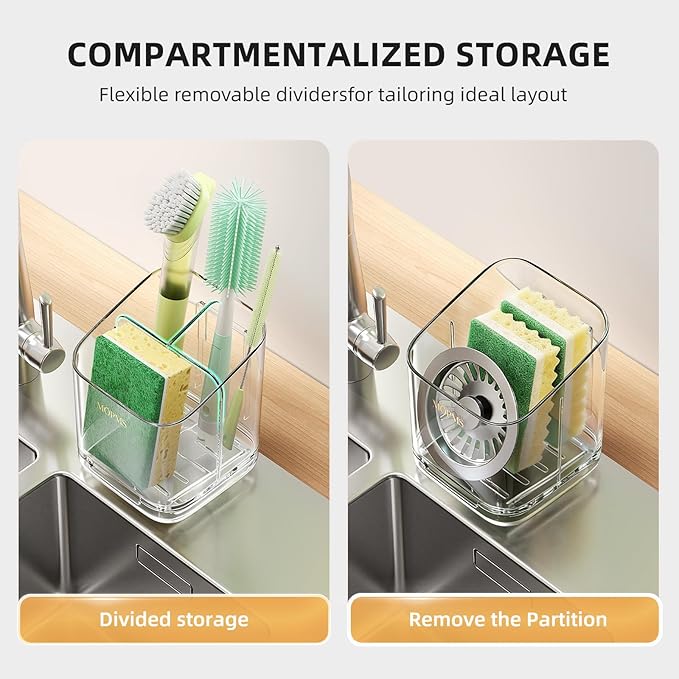 Minimalist Sponge Holder for Kitchen Sink, 3 Slots Sink Caddy with Removable Divider and Drip Tray, Clear PET Countertop Organizer to Free up Kitchen Sink Space