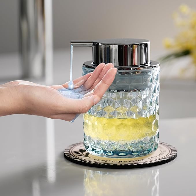 Hand Soap Dispenser Glass, Refillable Liquid Dispenser for Bathroom & Kitchen,Lotion Dispenser with Large Silver Pump（Diamond Pattern-Blue）
