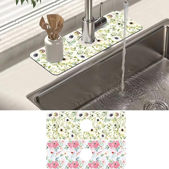 2 Pack Watercolor Floral Sink Faucet Absorbing Mat White Pink Flowers Super Absorbent Fast Drying Mat Sink Gadgets Behind Faucet Sinkmat for Kitchen Bathroom, 15.5"x5.5"