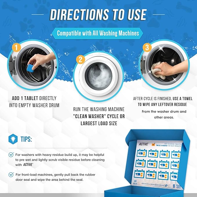 ACTIVE Washing Machine Cleaner for Pet Owners Enzymatic Deep Clean Descaler for Cat & Dog Hair, Urine, Odor, Residue, 24 Septic-Safe Tablets for Top Load, Front Loader, HE Washer Tub - 1 Year Supply