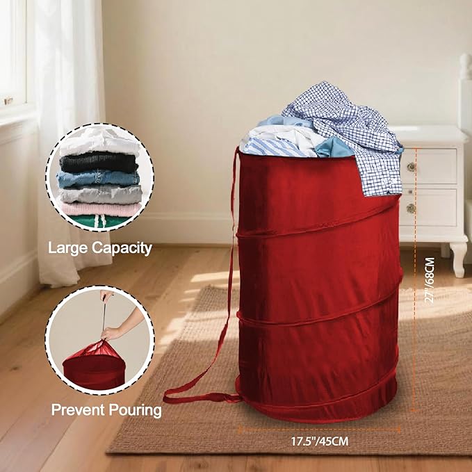 BATTOO Collapsible Laundry Baskets- Foldable Hamper for Laundry Extra Large Pop Up Laundry Hamper 107L with Long Straps Drawstring Clothes Hamper for Bathroom, Campout, Dorm or Travel Red