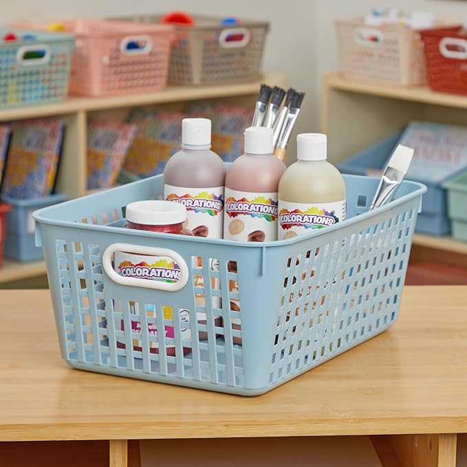 Really Good Stuff Large Plastic Storage Baskets with Handles, 13.75" x 9.75" x 5", Boho Group Colors, for Books & Supplies, Organize Classroom & Home