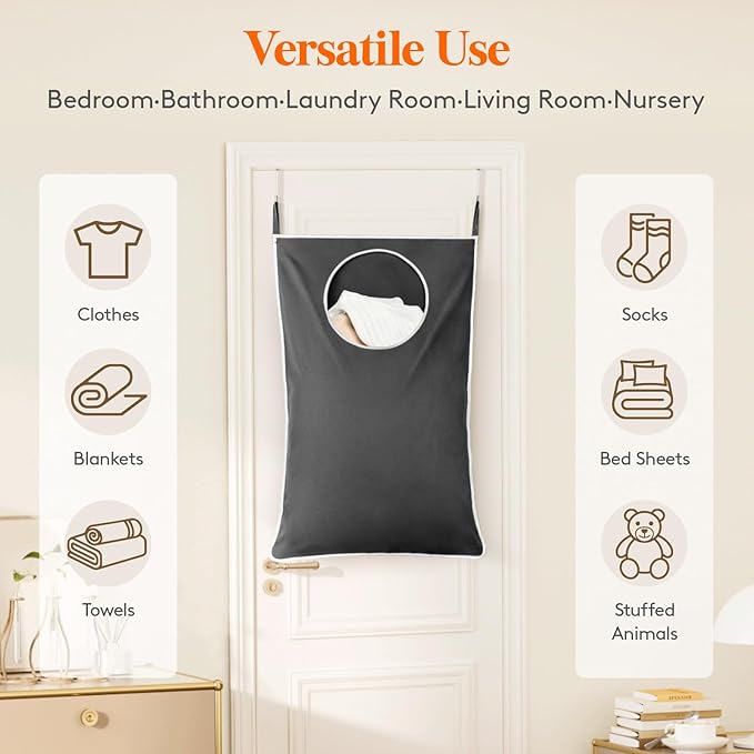 Lifewit 1 Pack Over Door Laundry Hamper, Large Collapsible Hanging Laundry Hamper, Hanging Laundry Basket Bag for Bathroom Bedroom Dirty Clothes Storage Organizer, Dark Gray