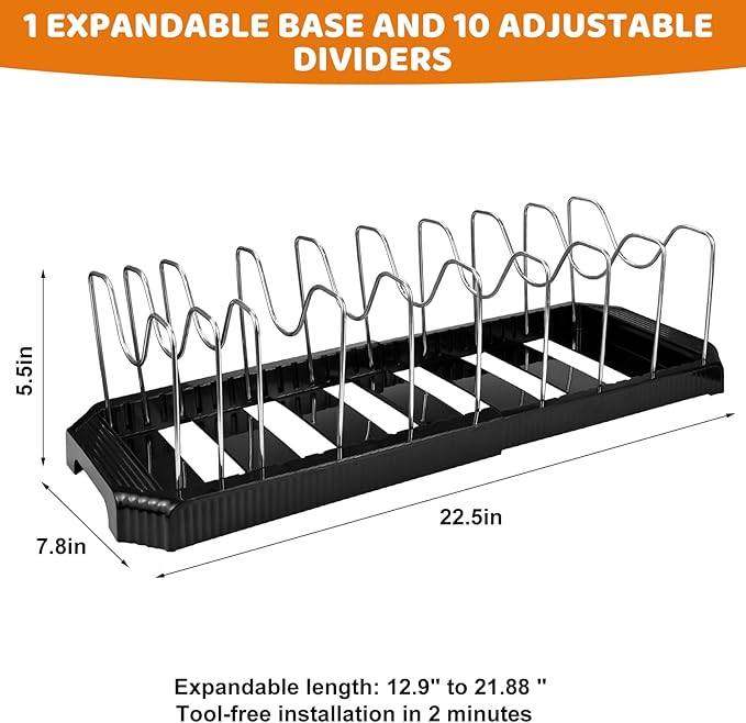 Pots and Pans Organizer Under Cabinet, 7-Slot Expandable Pot Rack Organizer with Cup Brush, Kitchen Pots and Pans Organizer for Cookware, Lids, Bakeware, Cutting Boards Tool-Free Installation (Black)