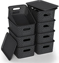 Plastic Storage Bins with Lid, Stackable Small Box Basket for Organizing and Containers for Shelves Drawers Desktop Closet Playroom Pantry Classroom Office Home, 8-pack 10.2x7.2x4.1 Inch, Black
