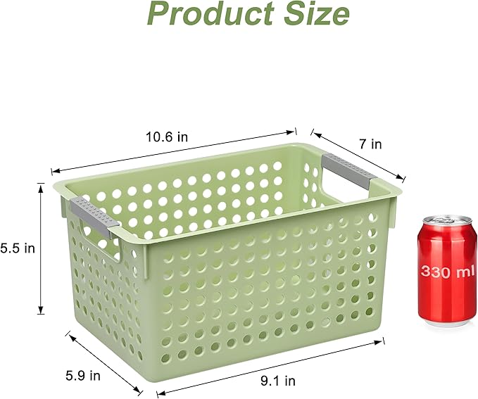 Soddeph 4 Pack Plastic Storage Basket with Handles, Small Deep Organizer Bin with Hollow Design for Under Counter, Shelf, Closet, Kitchen or Bathroom (Green, Small)