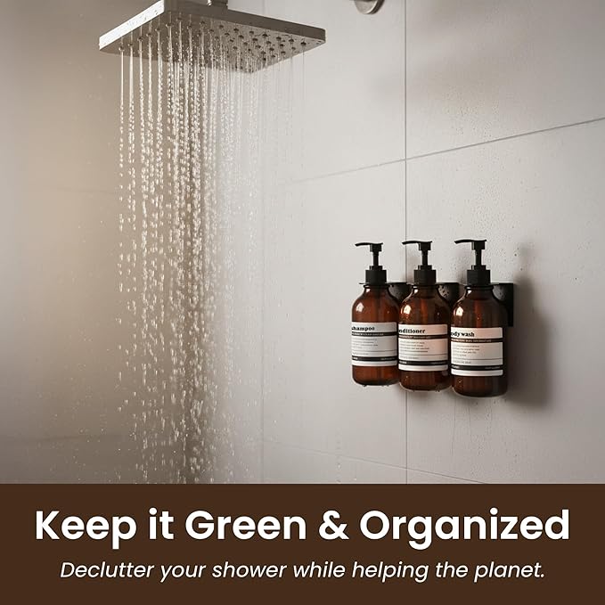 MaisoNovo Shampoo and Conditioner Dispenser - Shower Soap Dispenser Wall Mounted - 16.9 fl oz Set of 3 Amber Plastic Bottles Black Pump - 3 Chamber No Drill