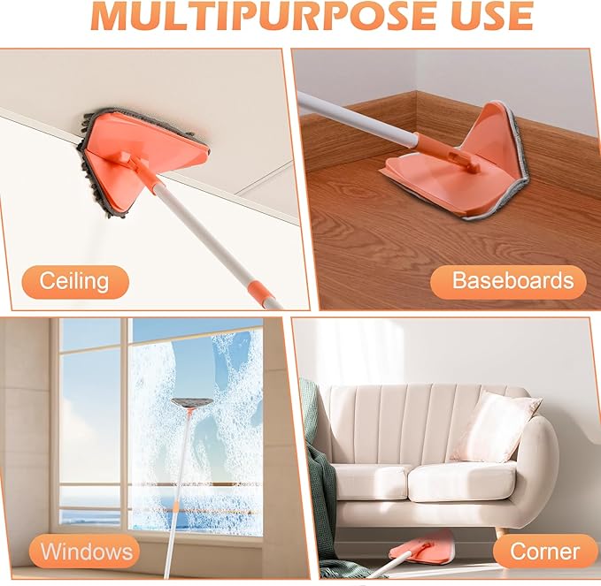 Wall Cleaner Triangle Mop with 82'' Long Handle - Wall Scrubber, Cleaning Washer Tool with 4 Microfiber Chenille Duster Pads for Clean Walls, Ceiling, Windows, Baseboards, Floors (Orange)