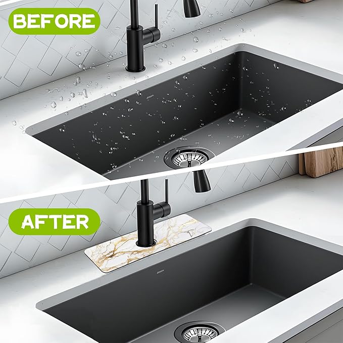Gray Gold Marble Kitchen Sink Splash Guard Faucet Mat Super Absorbent Fast Drying Mat Guard Behind Faucet Drip Catcher for Kitchen Bathroom, 15.5"X5.5"
