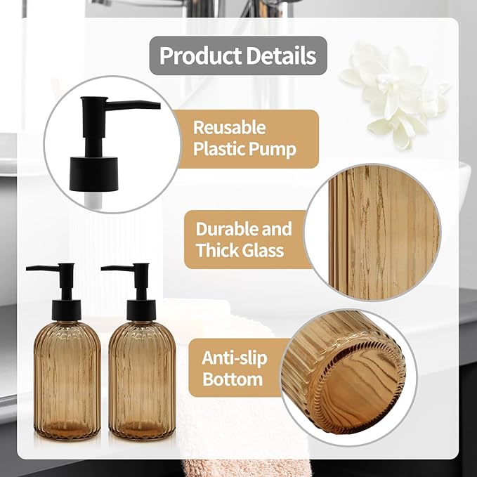 2 Pack 14oz Amber Glass Soap Dispenser with Black Pump – Refillable for Hand Soap, Dish Soap, Lotion, Suited for Kitchen, Bathroom & Laundry Room (Brown)