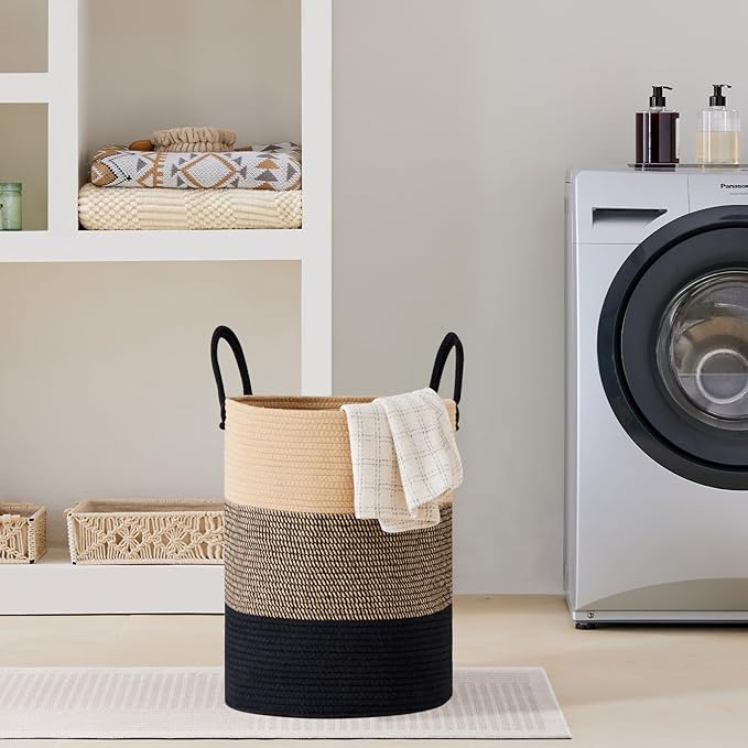 VIPOSCO Large Laundry Hamper, Tall Woven Rope Storage Basket for Blanket, Toys, Dirty Clothes in Living Room, Bathroom, Bedroom - 58L Brown & Black